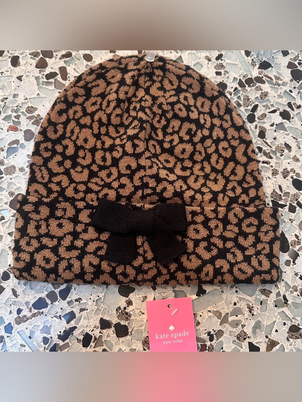 Kate Spade knitted cheetah print beanie with bow